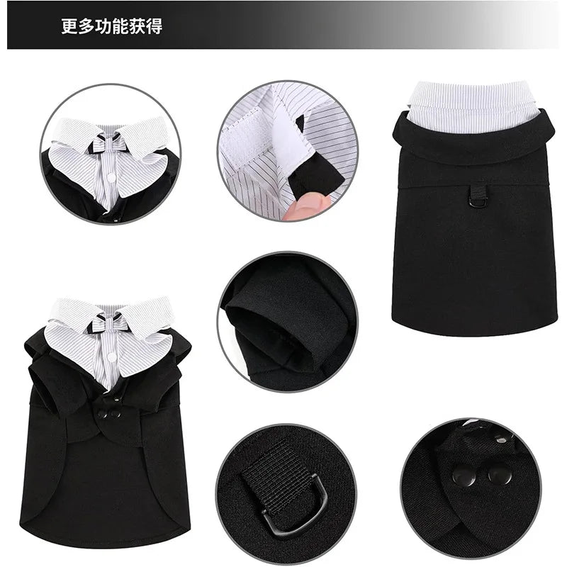 Pet Tuxedo Suit With Bow Tie - Formal Wedding Shirt For Small Dogs And Cats - Adjustable Costume For Christmas Halloween Parties