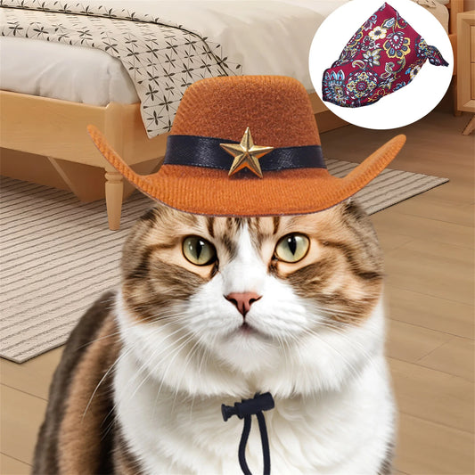 2 Pcs Pet Cowboy Hat Bandana Set for Dogs and Cats Western Style Costume for Parties Photos and Daily Wear