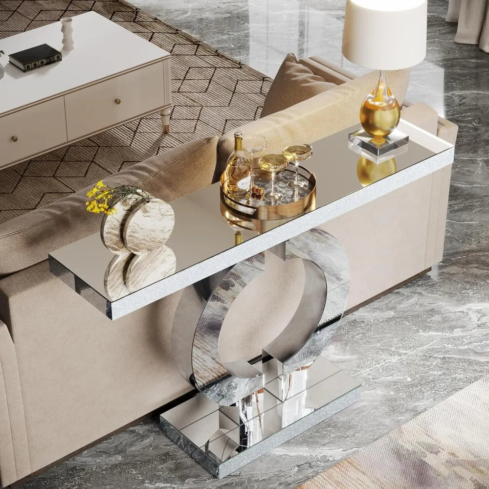Contemporary Glass Console Table with Mirrored Finish, 43" Rectangular Entryway Accent Table on O-Base