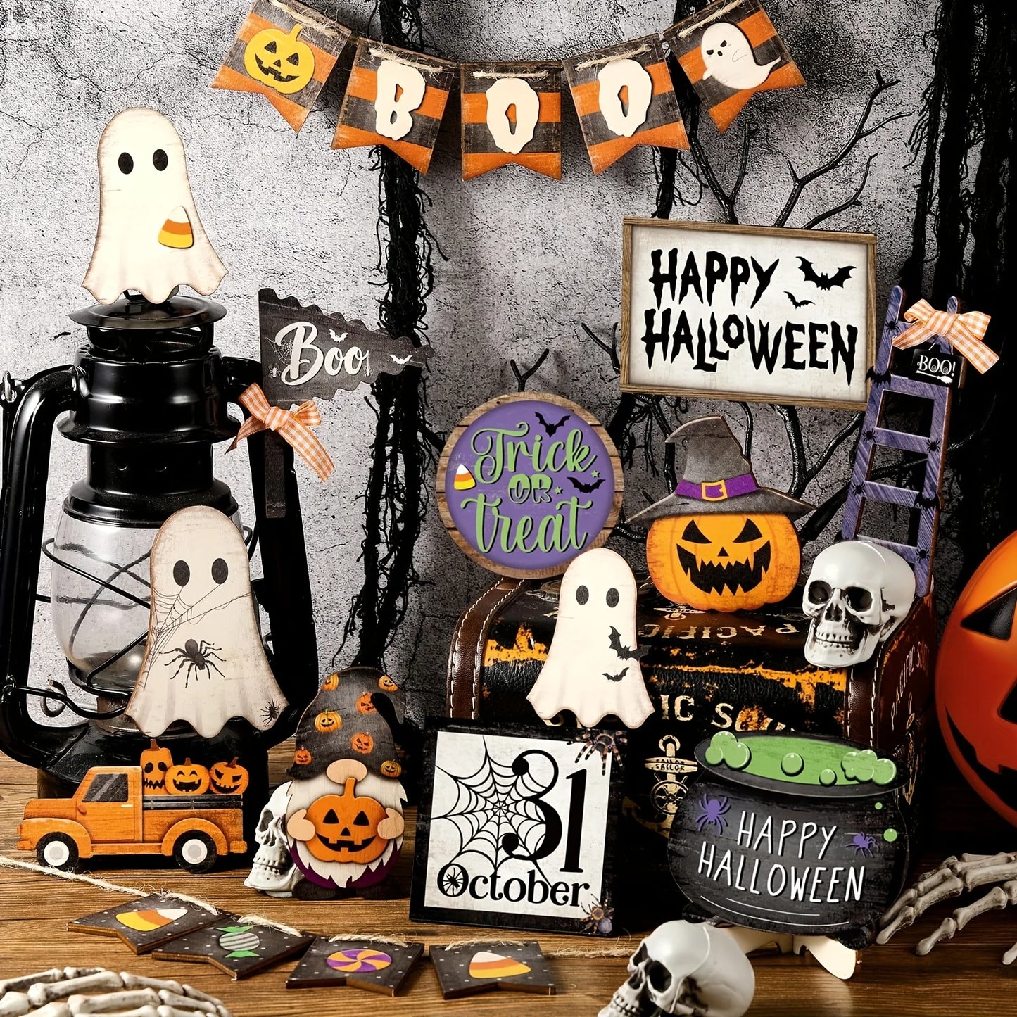21pcs Halloween Tiered Tray Decoration Set – Rustic Wooden Signs & Ornaments, Fall Party Tabletop Decor (Plates Not Included)