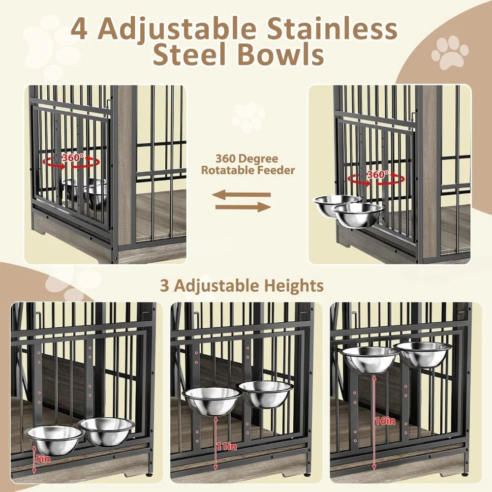 71'' Double Dog Crate Furniture for 2 Dogs, Large Dog Cage with Adjustable Divider, Heavy Duty Dog Kennel Indoor with 4 Bowls,