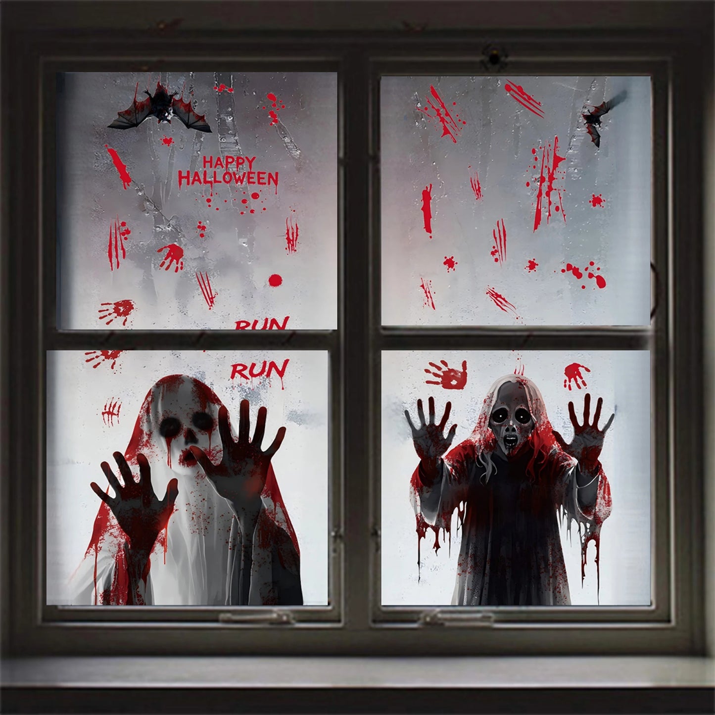 Halloween Party Supplies 4Pcs Spooky Window Clings Reusable Scary Ghost and Bat Decals for Home Office Decorations