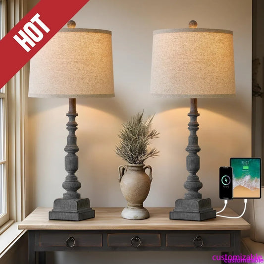 Customizable-Oneach 27.75" Vintage Farmhouse USB A+C Table Lamps Set Of 2 For Living Room Traditional Bedside Lamps For Bedroom