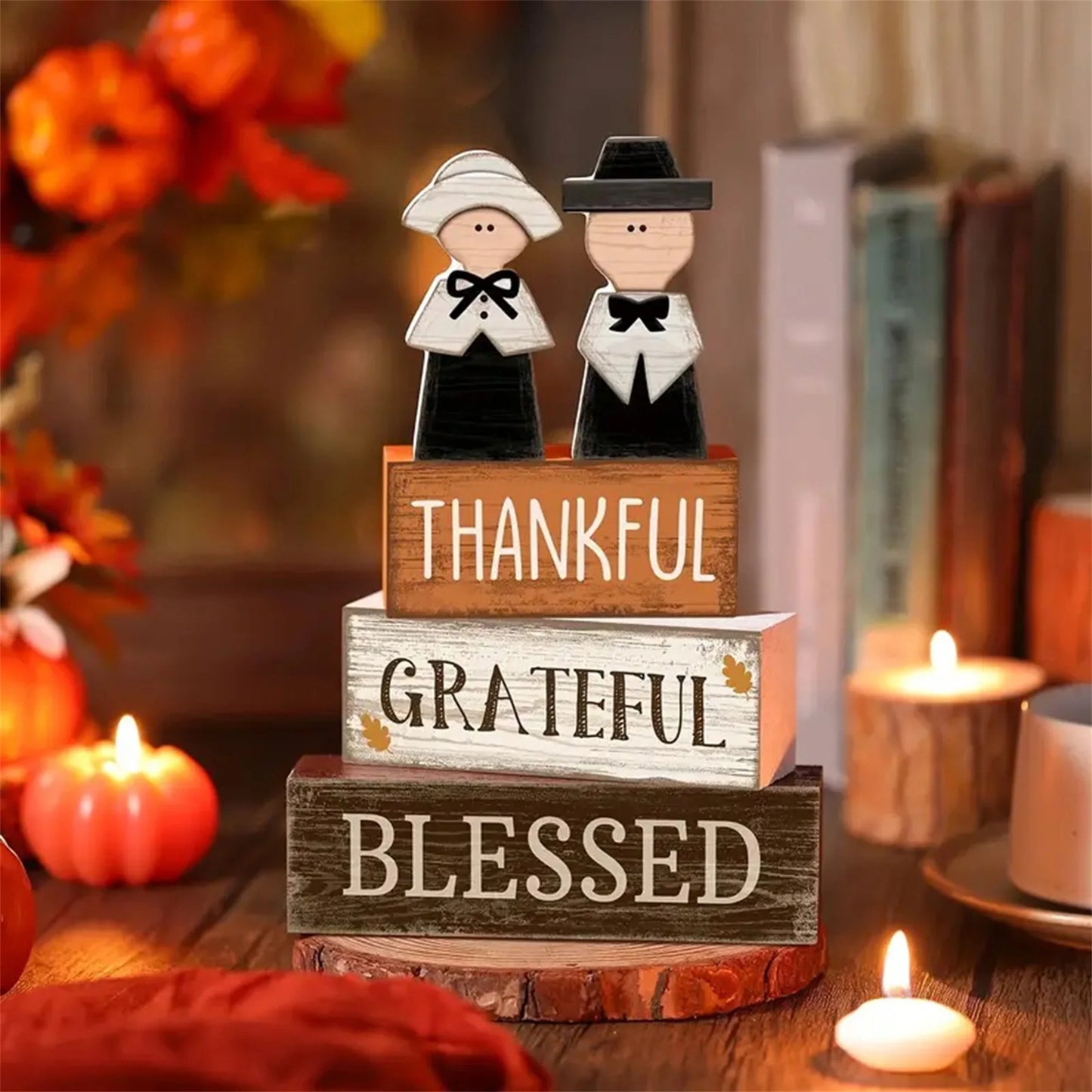 Thanksgiving Harvest Wooden Pumpkin Table Centerpiece Rustic Fall Decorative Desk Ornament Set of 3 Pieces