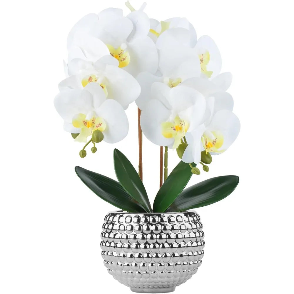 Orchids Artificial Flowers, 17'' White Faux Orchids with Gold Pot for Living Room Decor, White Faux Orchid Plant for Bathroom
