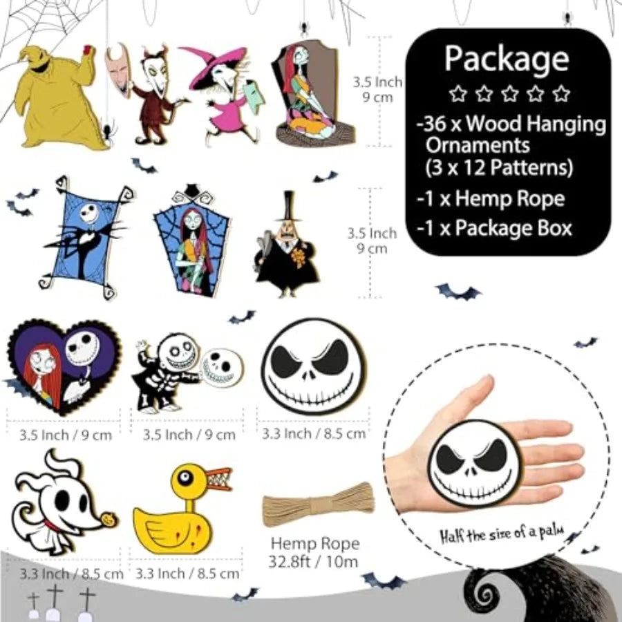 36 PCS Halloween Christmas Jack Sally Wooden Hanging Ornaments for Tree Wood Nightmare Christmas Tree Decorations Before Spooky