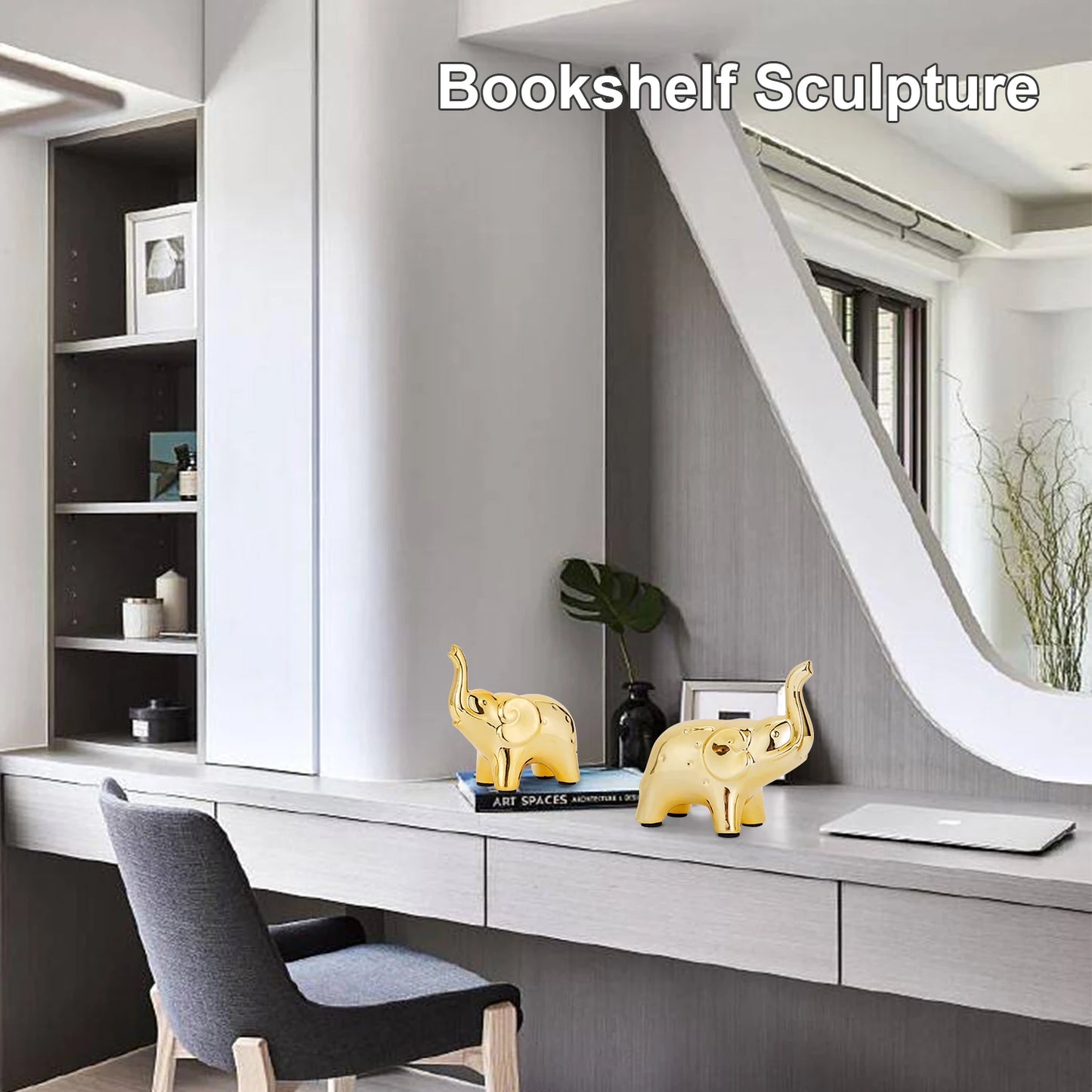 A Pair Golden Resin Elephant Sculpture Craft Elegant Elephant Trunk Sculpture Lucky Wealth Figurine Crafts Ornaments Home Decor