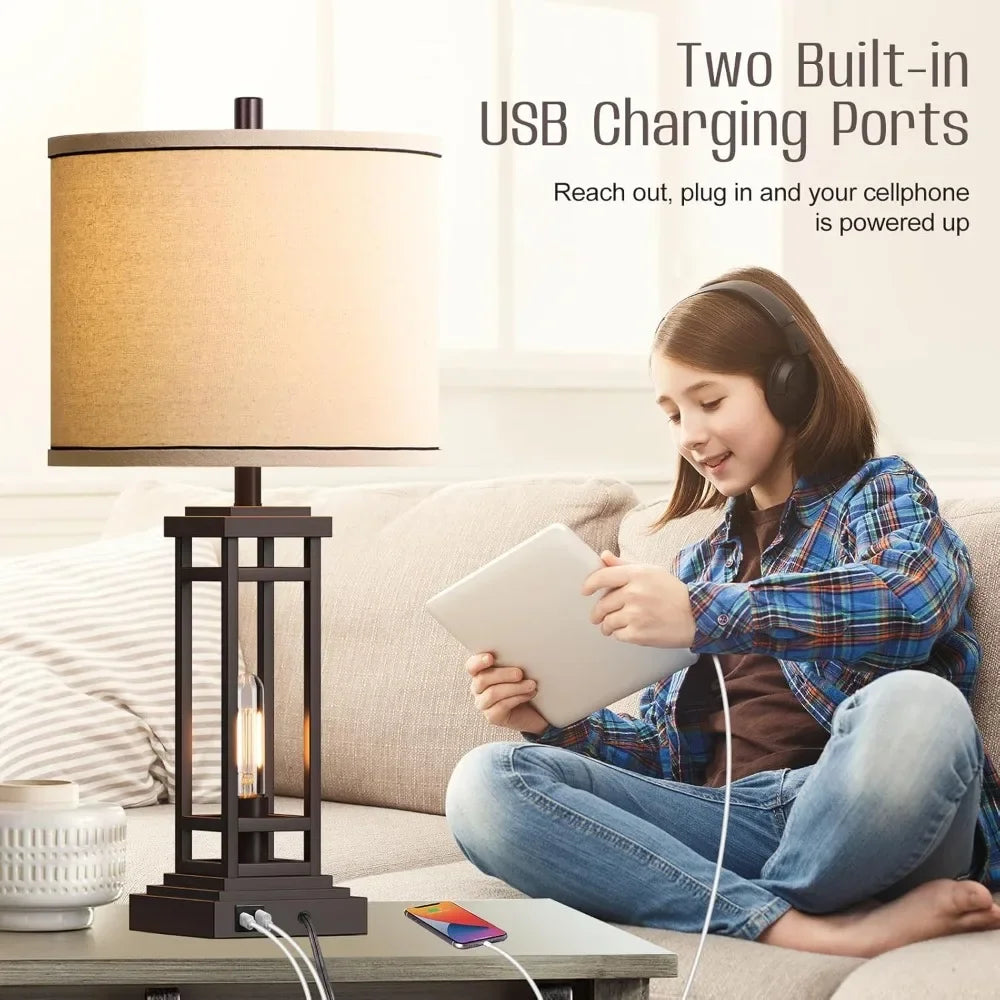 Customizable-ROTTOGOON 27.5 Tall Farmhouse Table Lamps With USB C + USB A Charge Ports, Rustic Living Room Lamps Set Of 2, Black