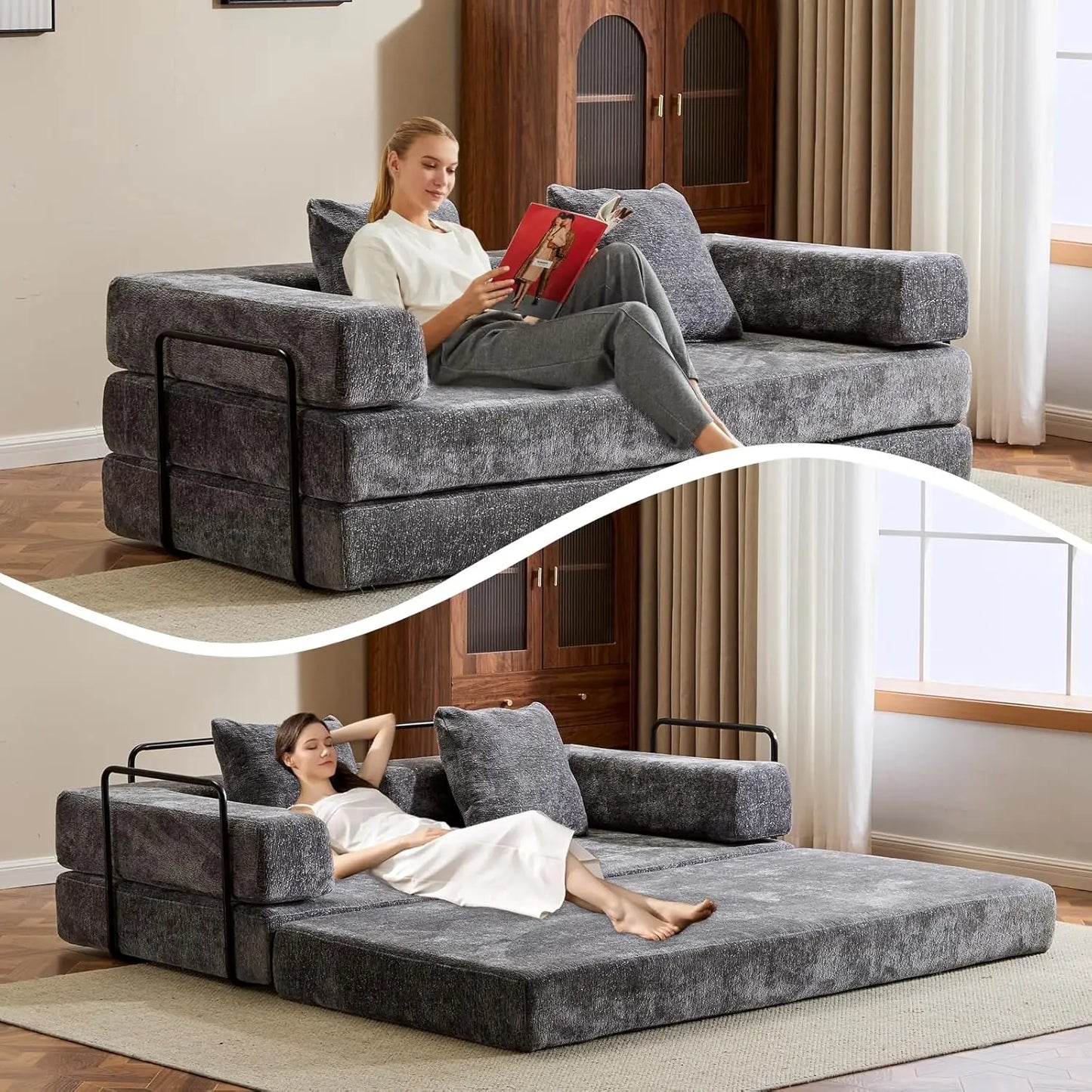 Convertible Sleeper Sofa Bed, Compression Folding Sofa with Pillow, No Assembly Required, Shape Frame, Floor Sofas Lounge Couch