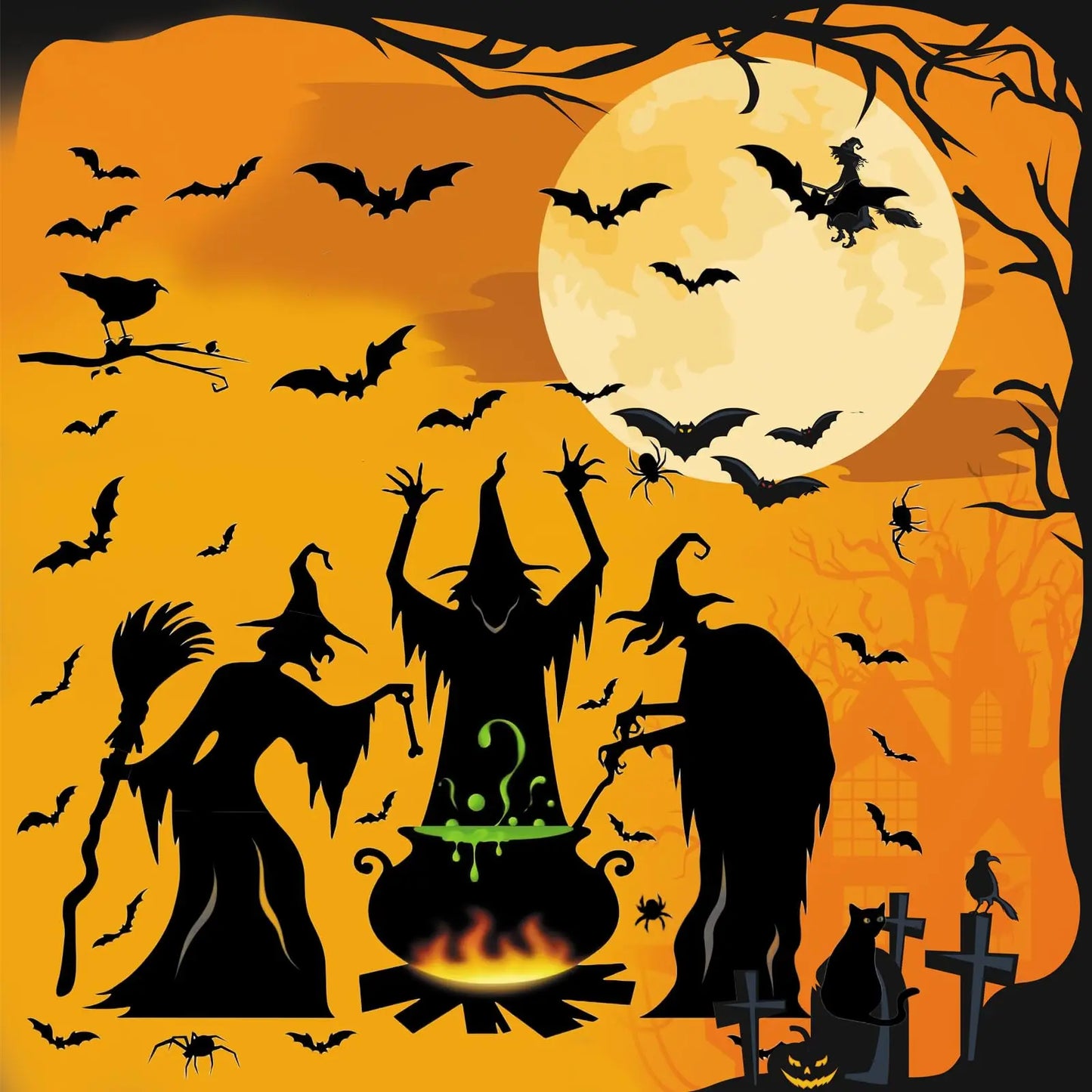 Halloween Window Clings - Witch, Bats, Spider & Cat Design, Window Stickers for Halloween Party Decor, House Decals