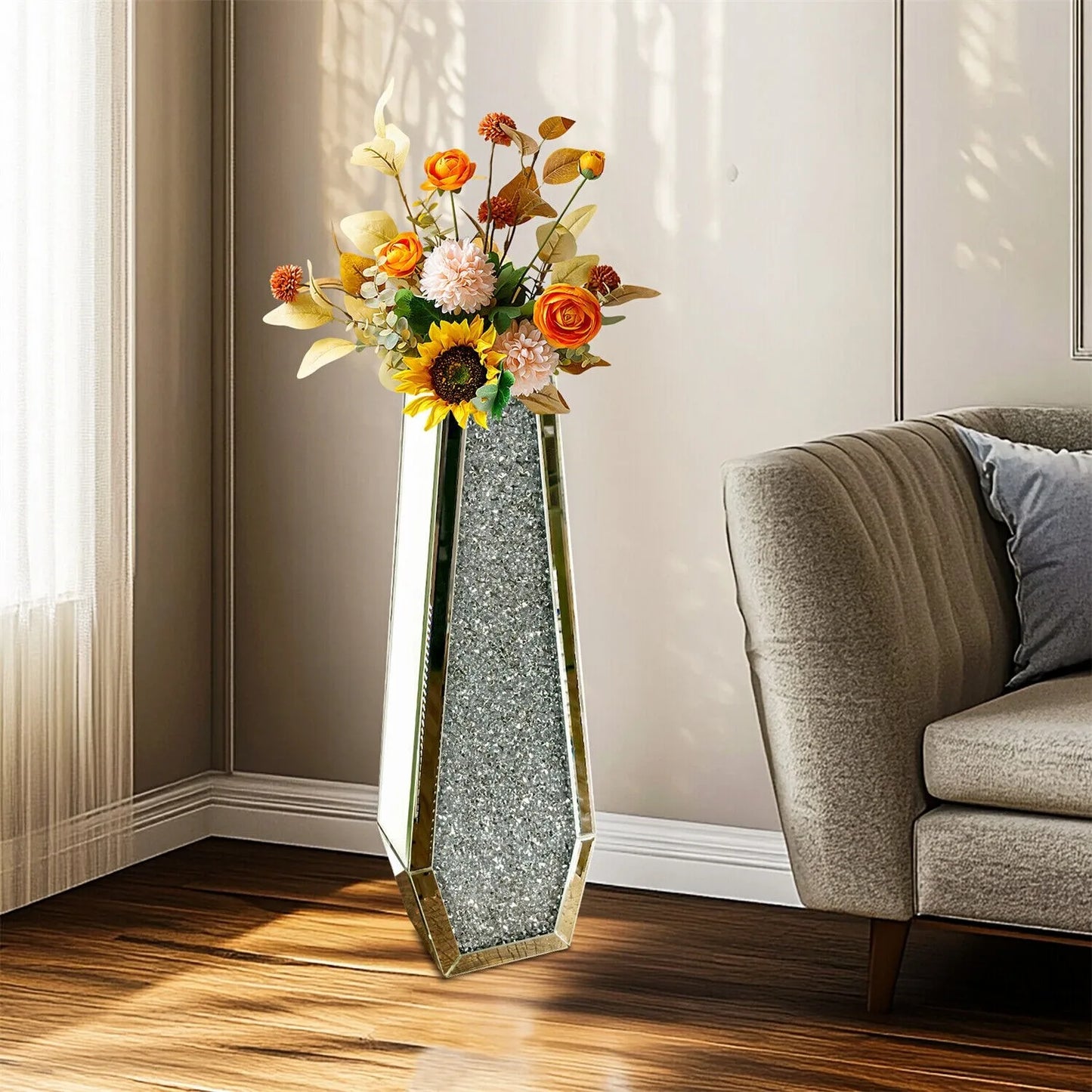 Luxury Tall Floor Vase Crushed Diamond Mirrored Vase 27” Crystal Glass Flower