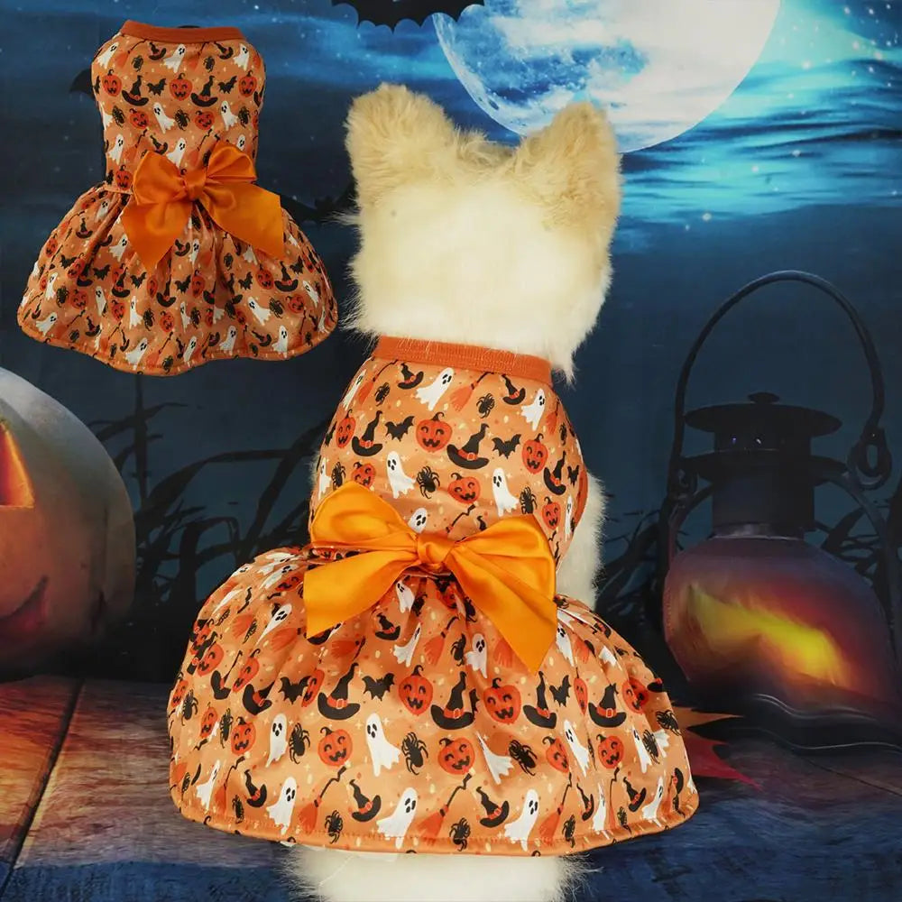 Festival Cosplay Puppy Clothes Halloween Dog Clothes Pumpkin Bat Decor Print Dress Satin Bow Cat Princess Skirt Sweet Pet Dress