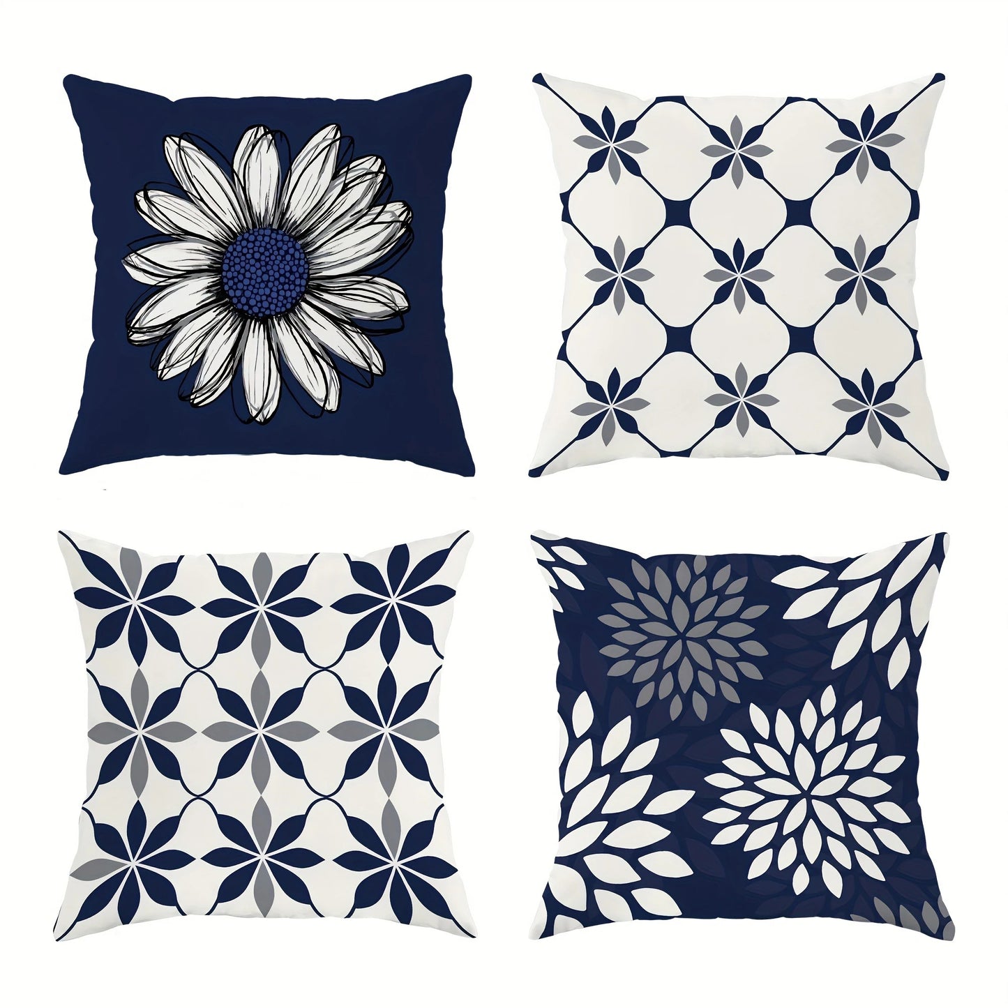 Blue and White Daisy Geometric Pattern PillowcaseBedroom Living Room Sofa Home Decor Polyester Cushion Cover with Zipper