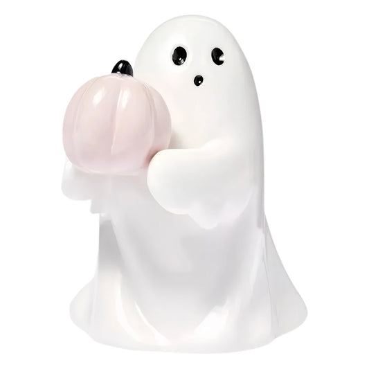 Cute Ghost Hold Pumpkin Statue Halloween Ghost Statue Spooky Resin Ghost Pink Pumpkin Figurine for Halloween Holiday Bar Party