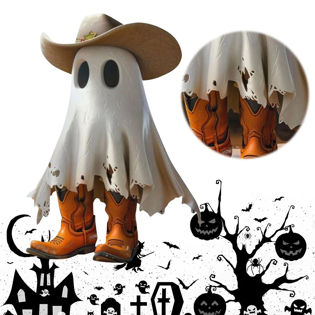 Halloween Ghost Ornaments Ghost Cowboy with Boots Ghost Sculpture Statue Outdoor Statue for Tabletop Halloween Decor Ghost Decor