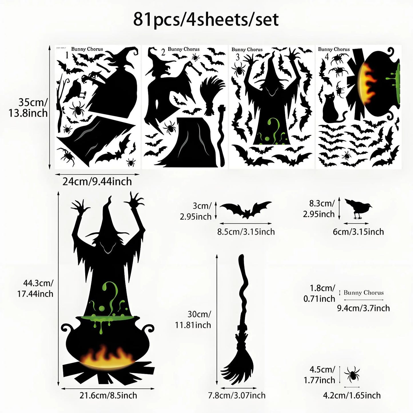 Giant Halloween Window Clings Static Decals | Spooky Witch Silhouette with Cat & Bat | Multi-Room Decor 4-Pack for Home School