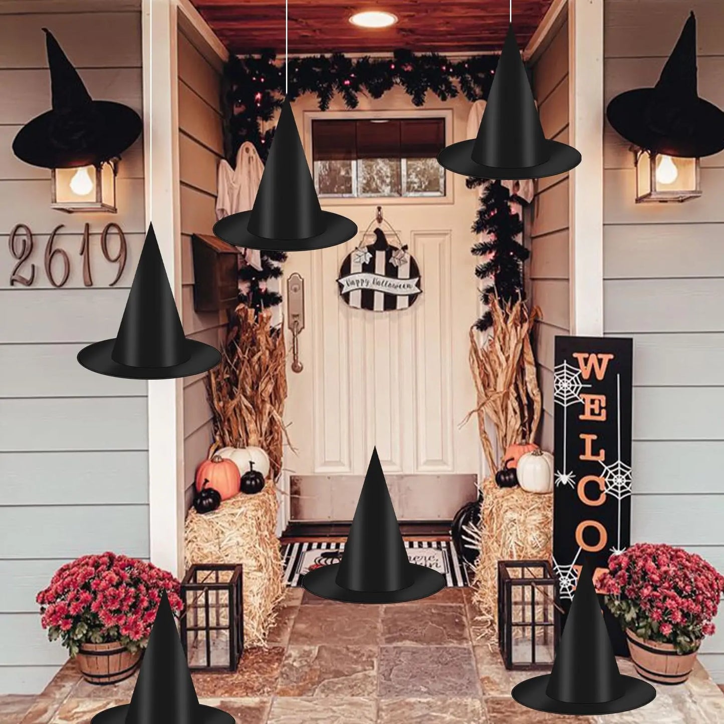 12-100 Halloween Hanging Witch Hats Costume Accessory Hanging Black Wizard Hat Bulk with Rope Floating Hats for Home Party Decor
