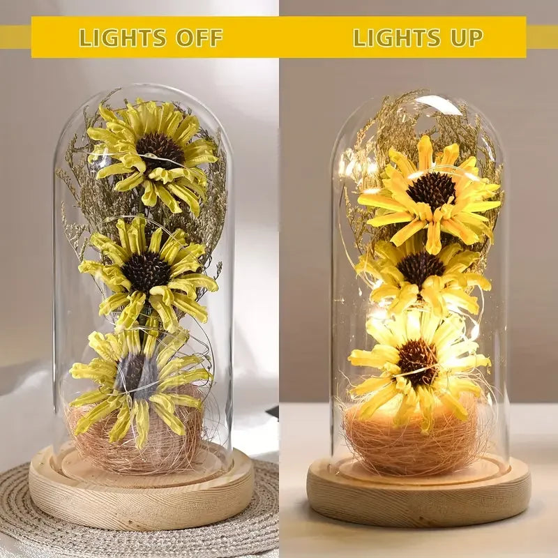 Sunflower Gifts for Women, Artificial Sunflowers in Glass Dome with LED Strip, Sunflower Decor on Mother's Day, Valentine's Day,
