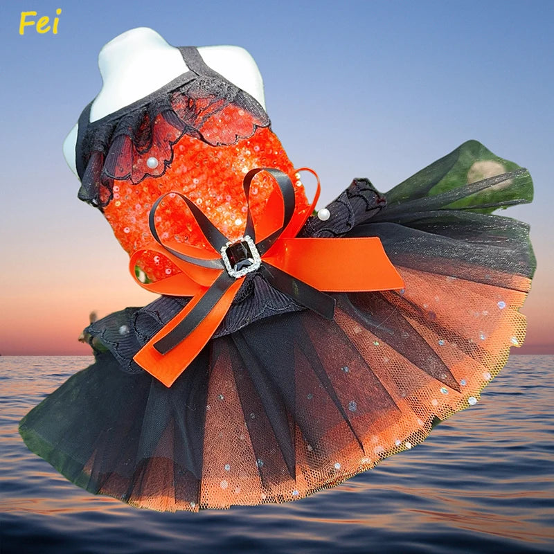Halloween Party Dog Princess Dress with Orange Black Sequin Lace Bow, Tuxedo Costume for Teacup Pomeranian Autumn Wedding Pet