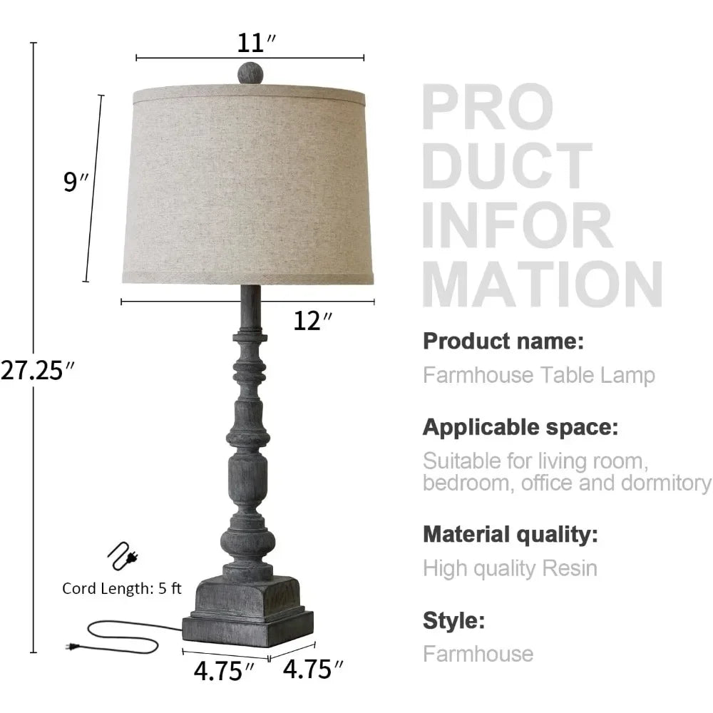 Customizable-Oneach 27.75" Vintage Farmhouse USB A+C Table Lamps Set Of 2 For Living Room Traditional Bedside Lamps For Bedroom