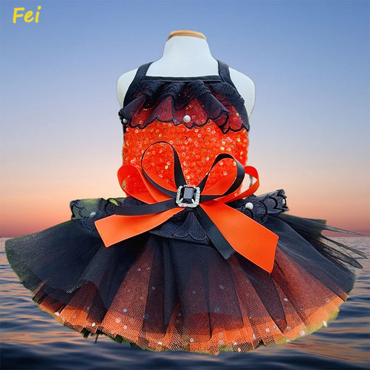 Halloween Party Dog Princess Dress with Orange Black Sequin Lace Bow, Tuxedo Costume for Teacup Pomeranian Autumn Wedding Pet