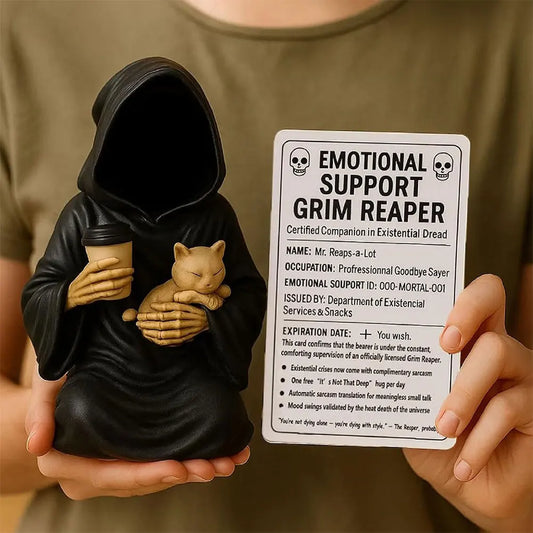 Emotional Support Grim Reaper Figurine with Support Card Grim Reaper Statue Gothic Skeleton Statue for Halloween Decor