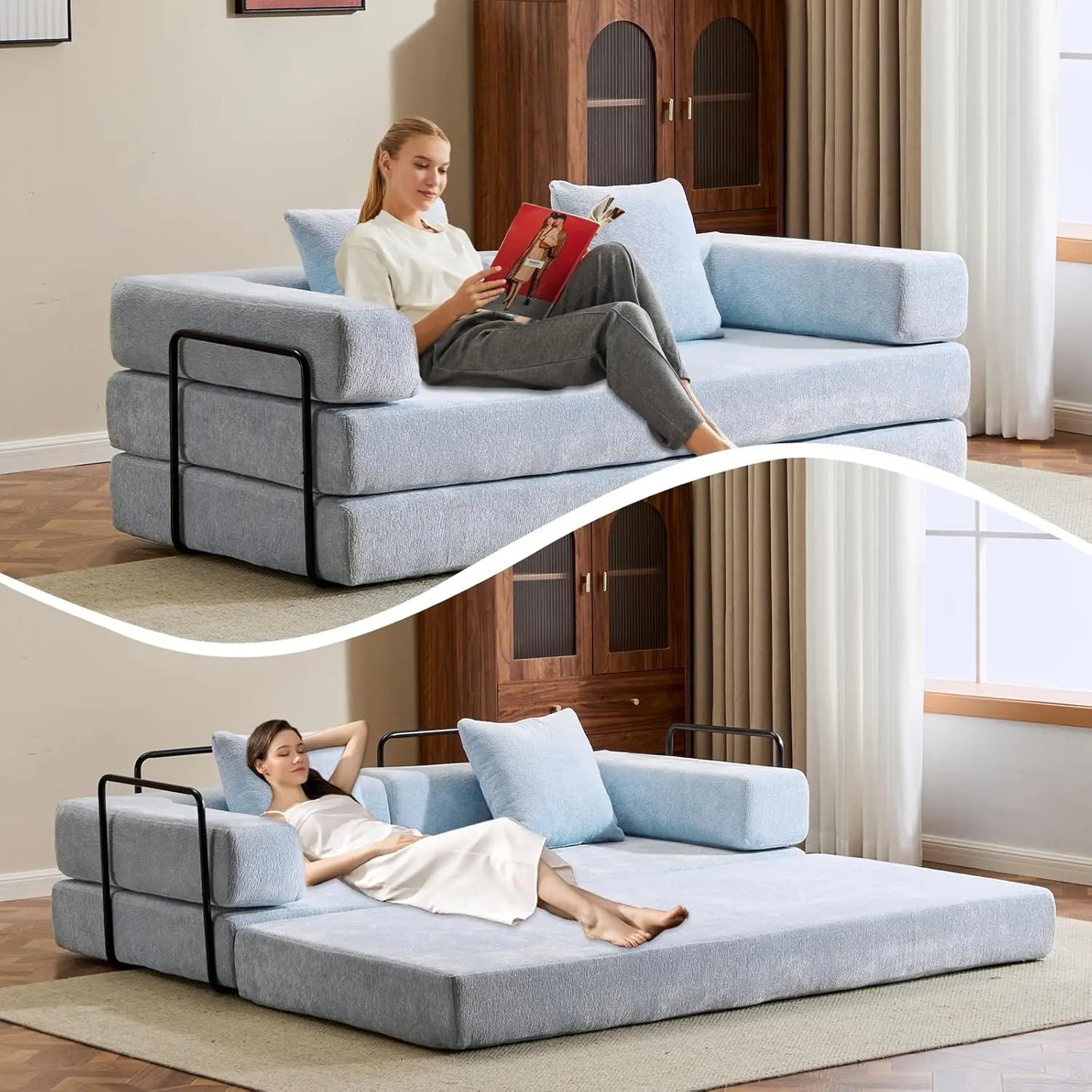 Convertible Sleeper Sofa Bed, Compression Folding Sofa with Pillow, No Assembly Required, Shape Frame, Floor Sofas Lounge Couch