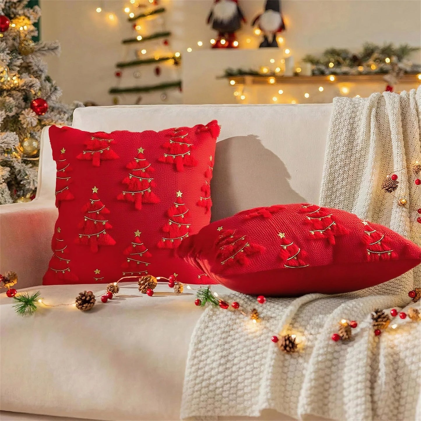 Festive Red and Green Christmas Pillow Covers with Plush Reindeer Design for Cozy Holiday Home Decor