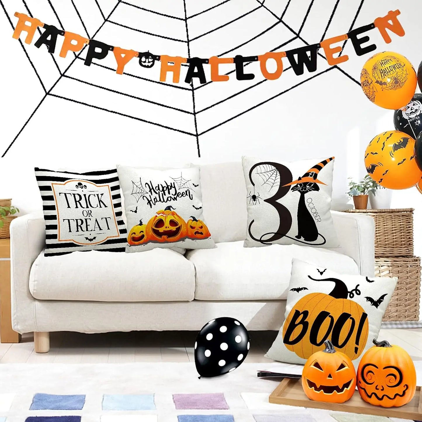 4-Pack Halloween Pillow Covers 18x18 – Trick or Treat Linen Cushion Cases for Sofa & Bed Decor