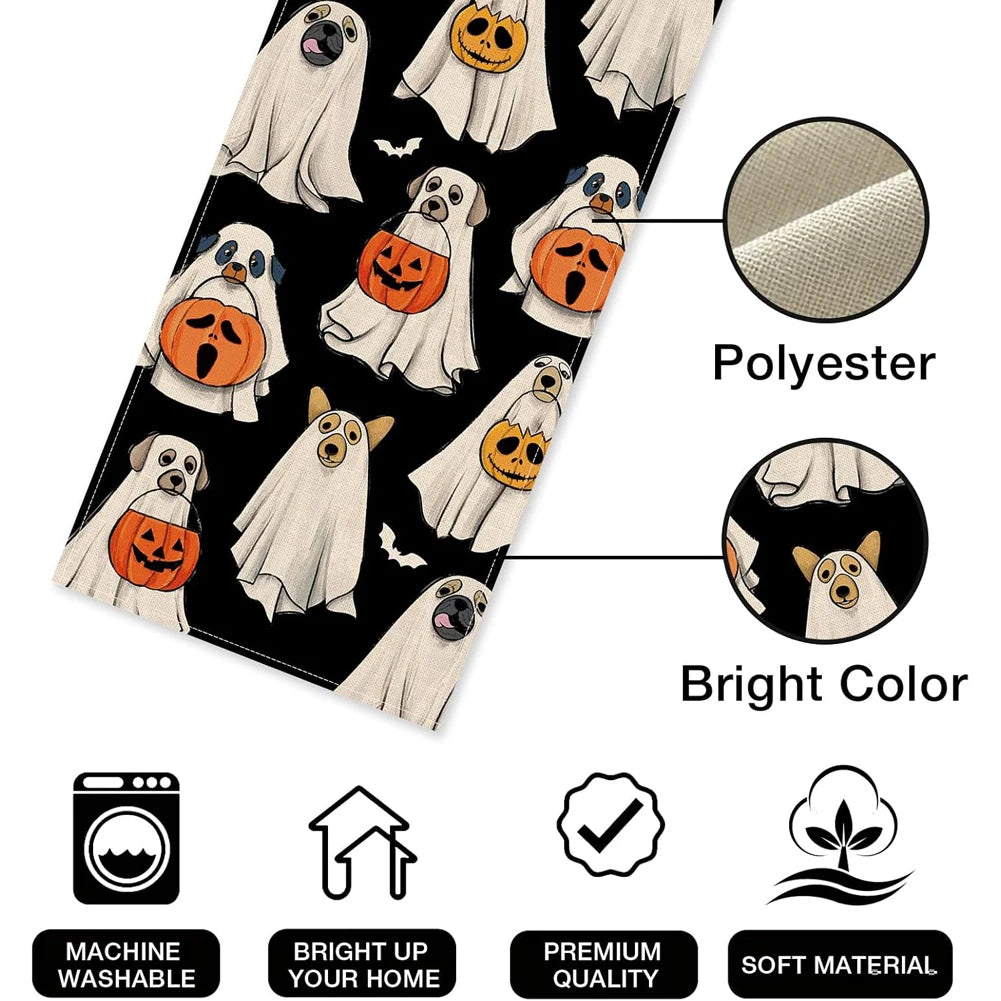Halloween Spooky Ghost Dog Table Runner Jack O Lantern Pumpkin Bat Pumpkin Ghost Table Runner Indoor Outdoor Home Party Decor