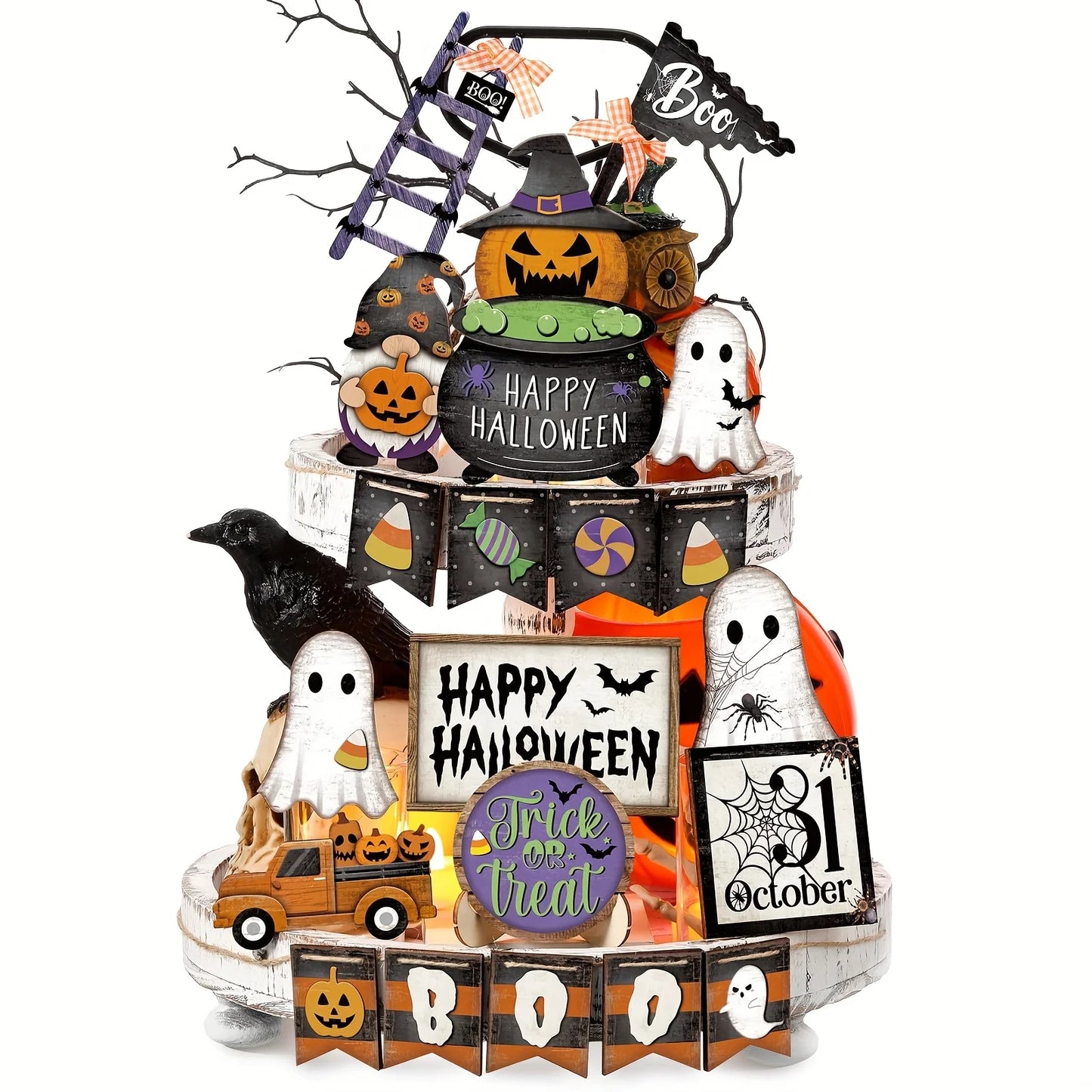 21pcs Halloween Tiered Tray Decoration Set – Rustic Wooden Signs & Ornaments, Fall Party Tabletop Decor (Plates Not Included)