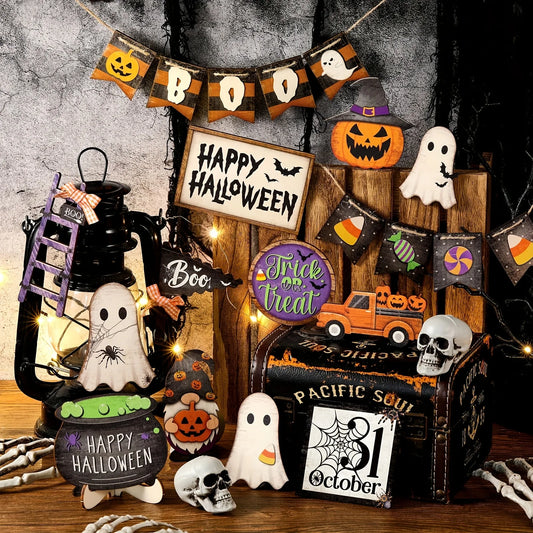 21pcs Halloween Tiered Tray Decoration Set – Rustic Wooden Signs & Ornaments, Fall Party Tabletop Decor (Plates Not Included)