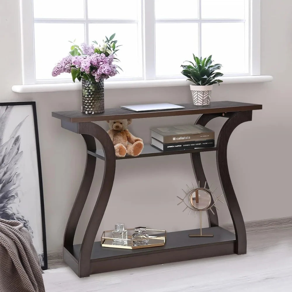 Wood Console Table with Curved Legs and Shelf, 3 Tier Modern Accent Sofa Table for Entryway, Living Room, Hallway, 47 in Wide