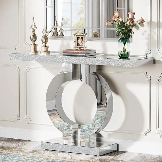 Contemporary Glass Console Table with Mirrored Finish, 43" Rectangular Entryway Accent Table on O-Base