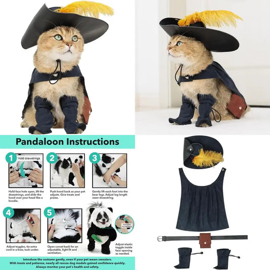 Pet Cat Dog Puss in Boot Costume Cosplay Halloween Cute Kitten Puppy Clothes Dress up Pretend Play with Cloak Hat Belt Cape Acce