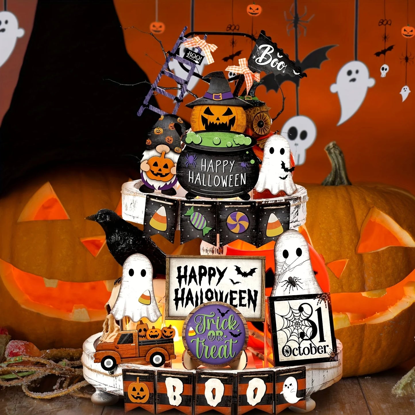 21pcs Halloween Tiered Tray Decoration Set – Rustic Wooden Signs & Ornaments, Fall Party Tabletop Decor (Plates Not Included)