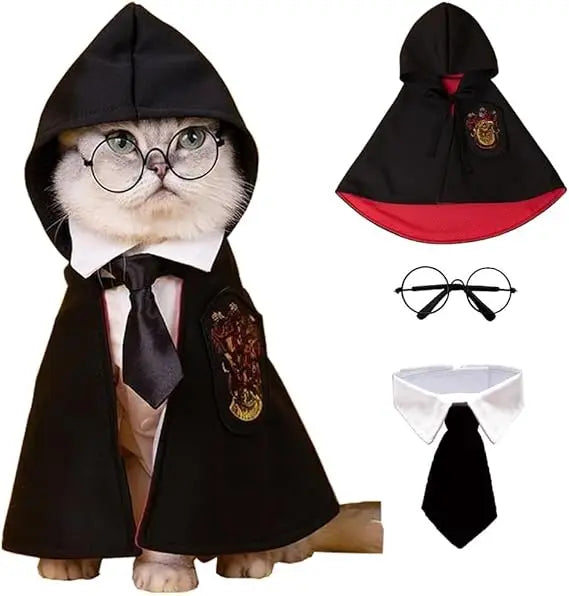 3PCS Halloween Dog Costume Cat Wizard Cape Glasses and Necktie Set Halloween Puppy Outfit Pet Academy Magician Cosplay Apparel