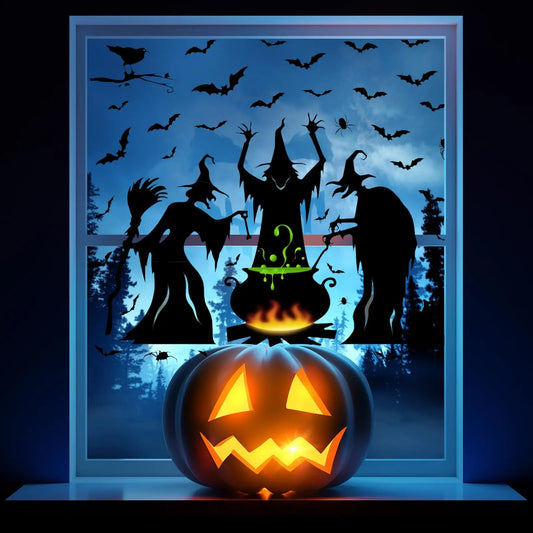 Halloween Window Clings - Witch, Bats, Spider & Cat Design, Window Stickers for Halloween Party Decor, House Decals