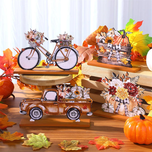 Rustic Autumn Table Decor Set of 4 Pieces - Vintage Truck Bicycle Pumpkin Centerpieces for Home and Office