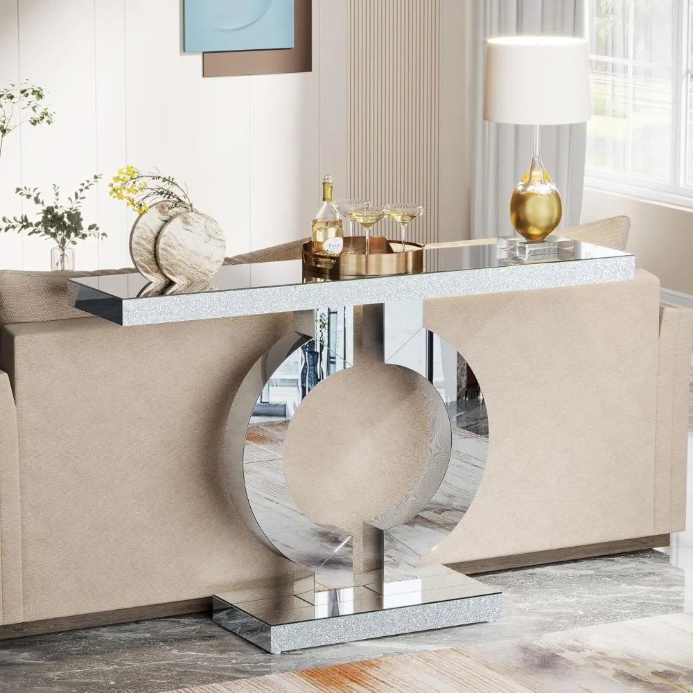 Contemporary Glass Console Table with Mirrored Finish, 43" Rectangular Entryway Accent Table on O-Base