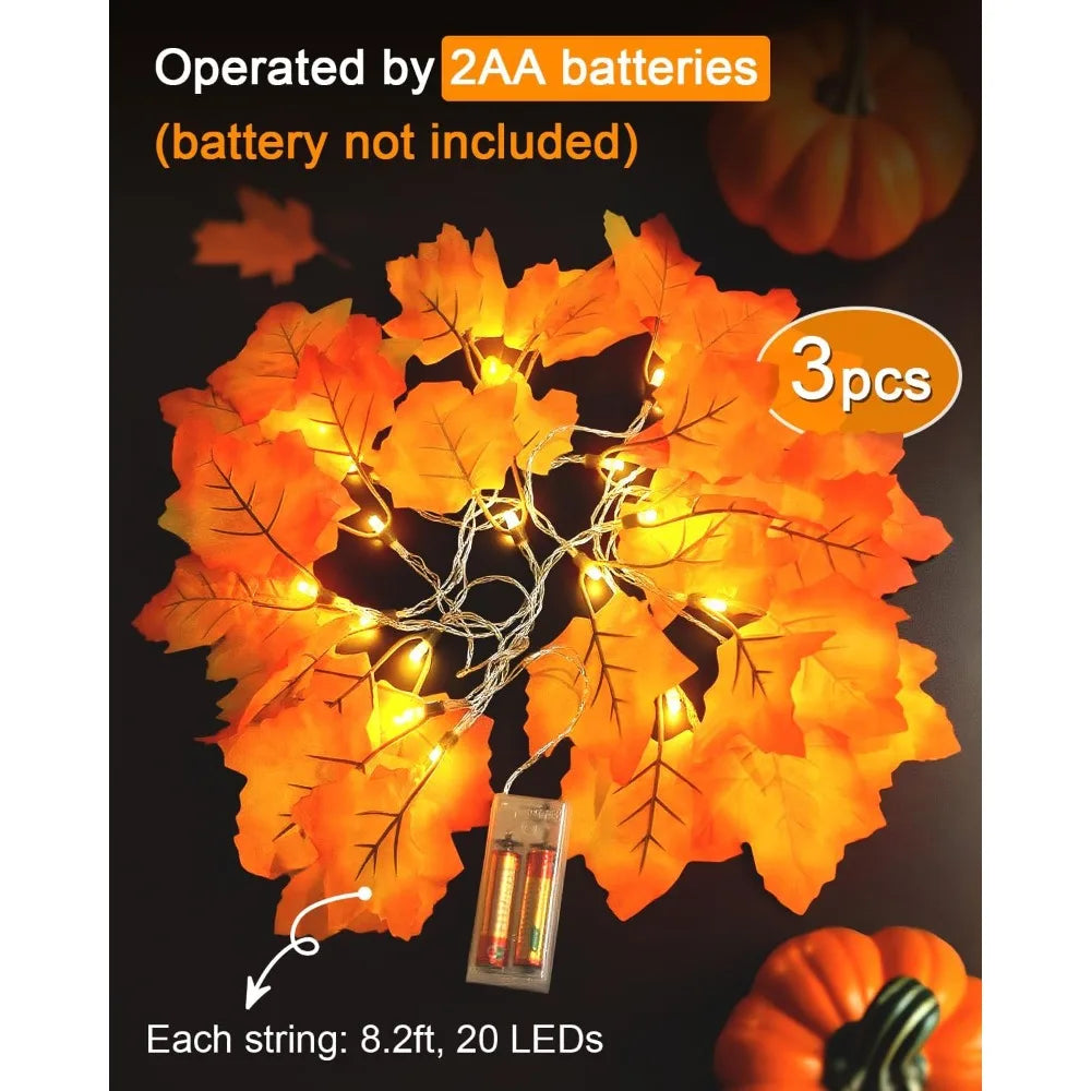 Fall Decor 3-Pack Fall Leaf Garland with Lights, Total 24.6ft 60 LED Halloween String Lights, Thanksgiving Decorations for Home
