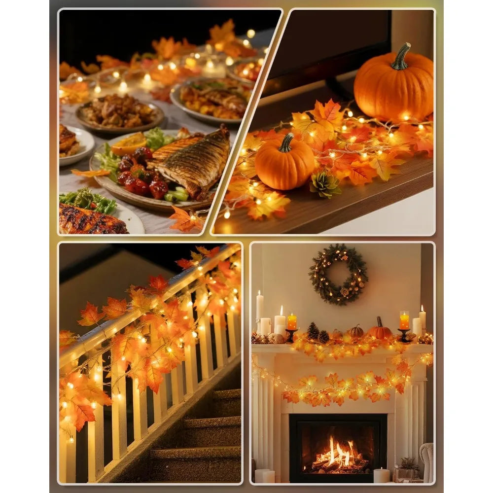 Fall Decor 3-Pack Fall Leaf Garland with Lights, Total 24.6ft 60 LED Halloween String Lights, Thanksgiving Decorations for Home