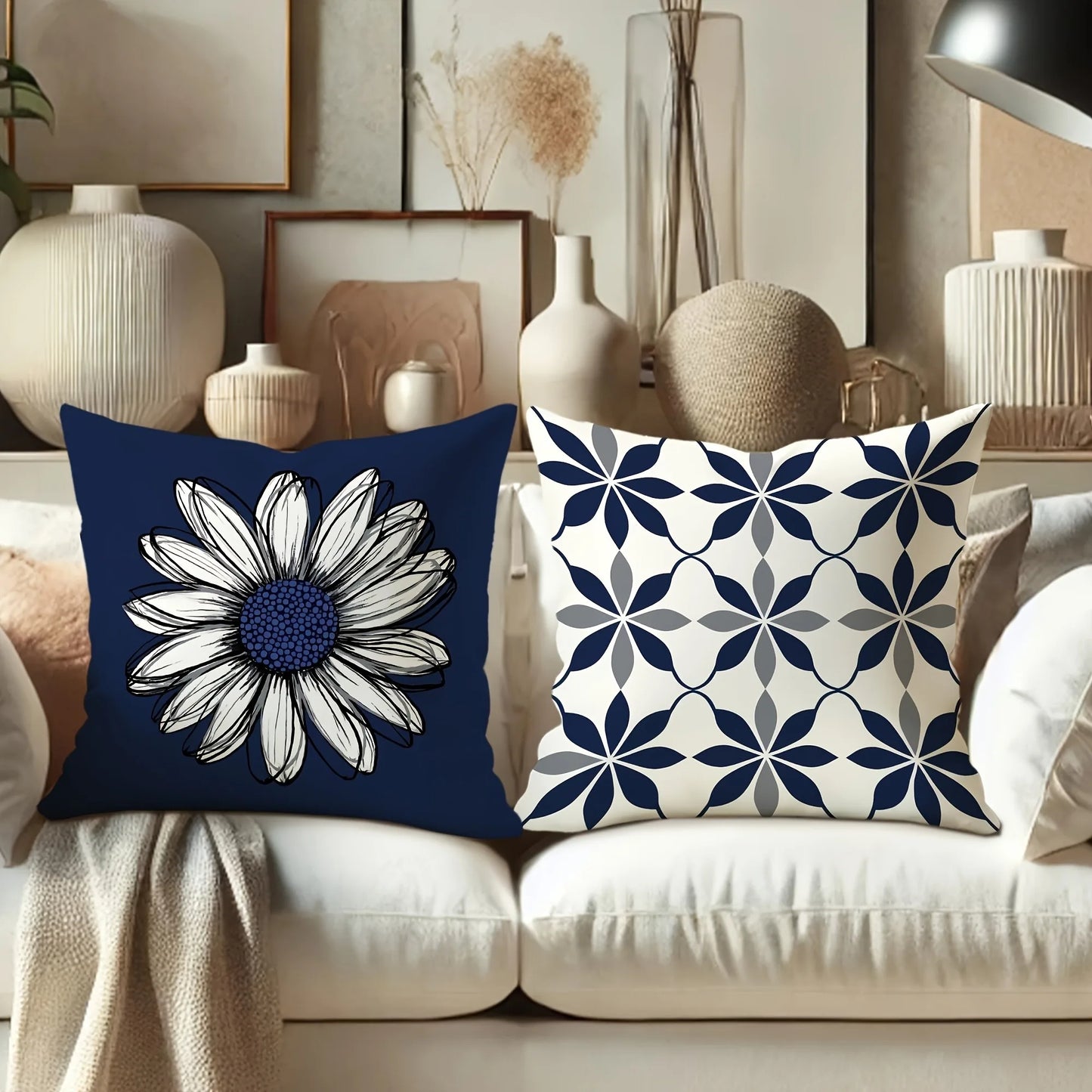 Blue and White Daisy Geometric Pattern PillowcaseBedroom Living Room Sofa Home Decor Polyester Cushion Cover with Zipper