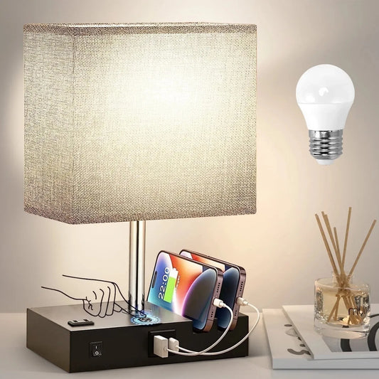 Bedside Table Lamp for Bedroom Office Nightstand Lamp with AC Outlet Port 2 USB Charging Ports & 3 Way Dimmable Touch Lamp