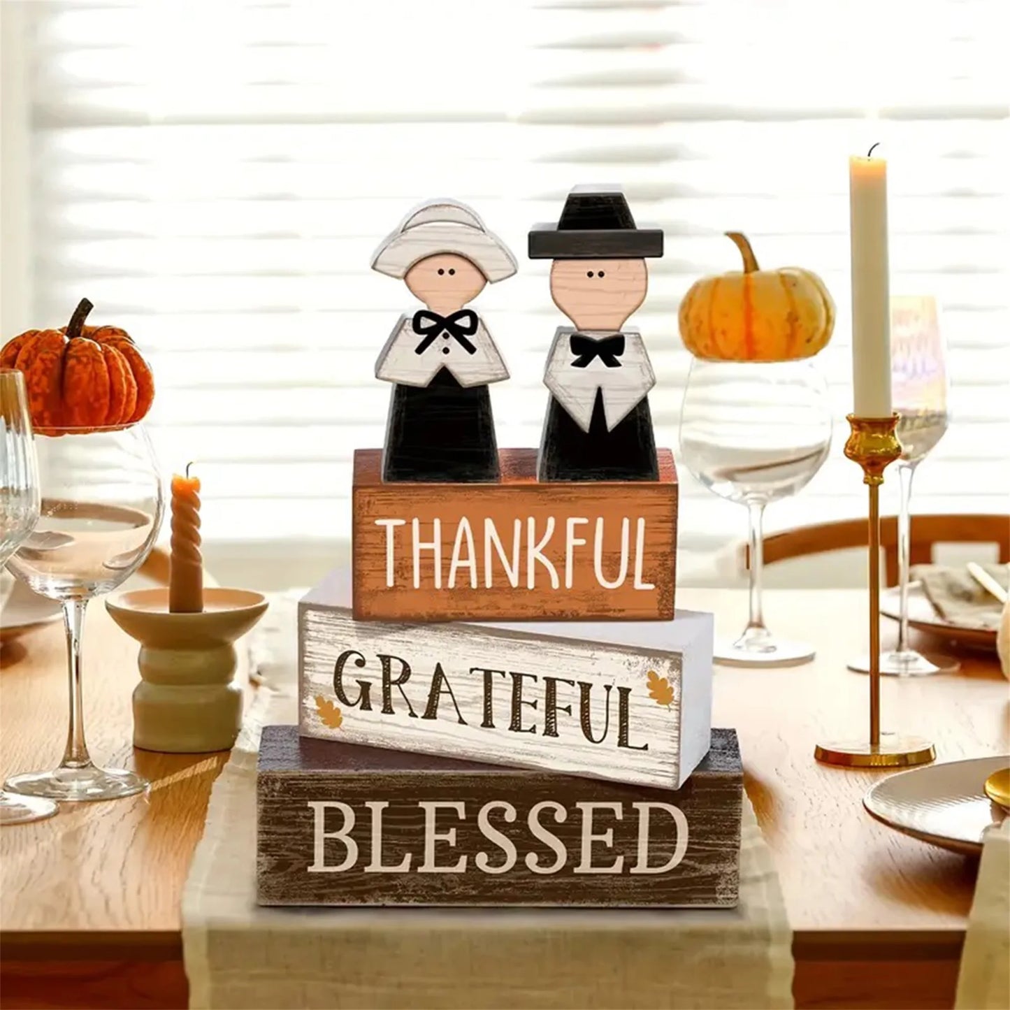 Thanksgiving Harvest Wooden Pumpkin Table Centerpiece Rustic Fall Decorative Desk Ornament Set of 3 Pieces