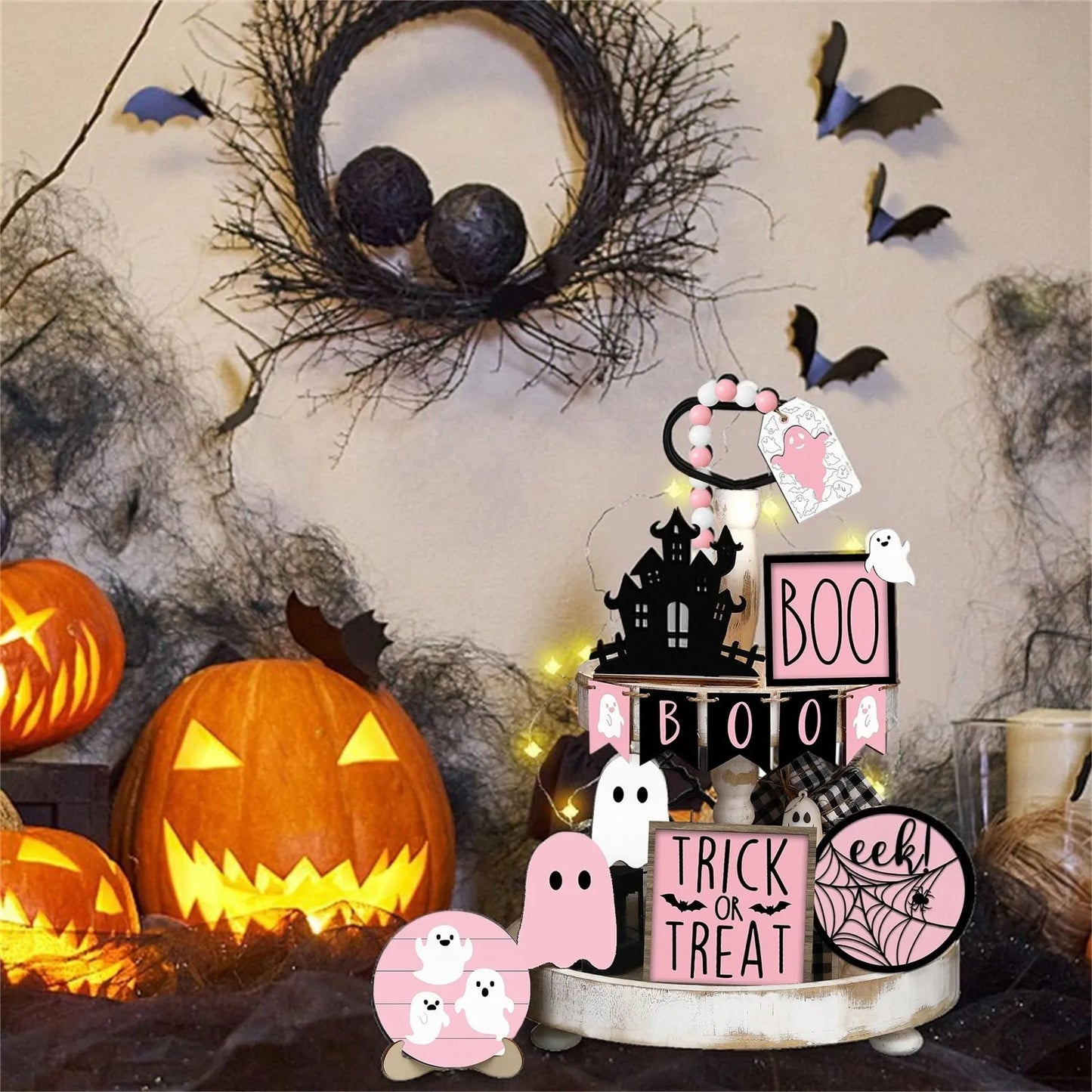 Halloween Tiered Tray Decor Set Cute Tray Decorations Halloween Wooden Signs Rustic Decoration For Home Table Party Supplies