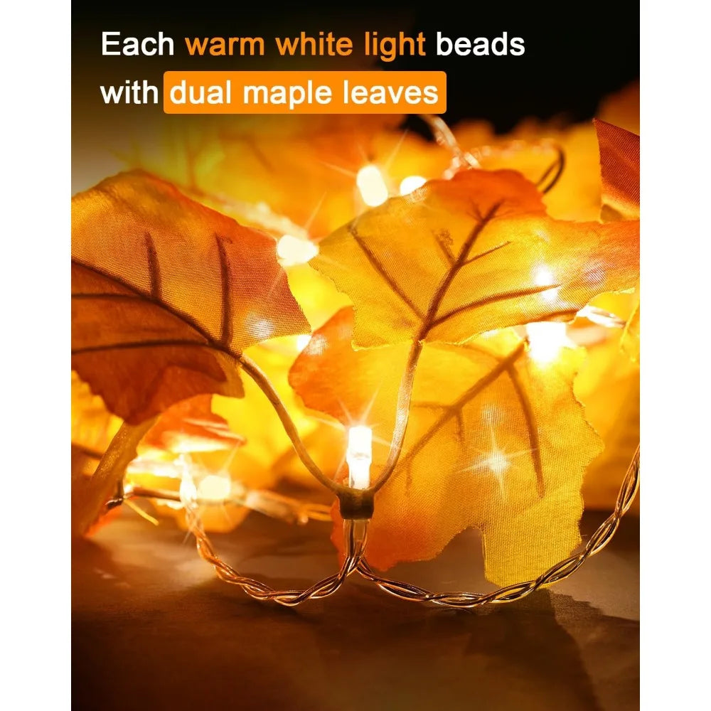 Fall Decor 3-Pack Fall Leaf Garland with Lights, Total 24.6ft 60 LED Halloween String Lights, Thanksgiving Decorations for Home