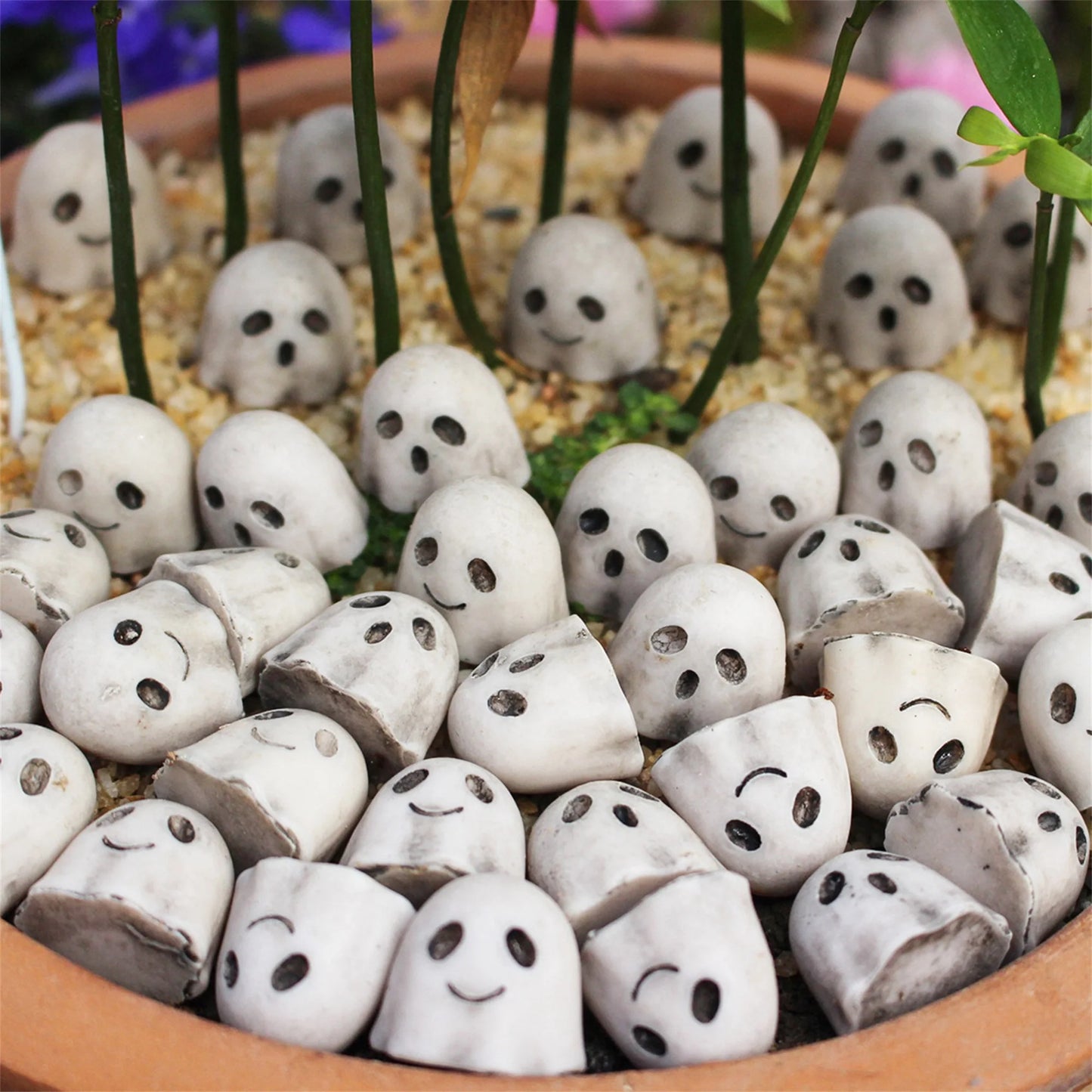 Halloween Pumpkin Table Centerpiece with LED Lights and Spooky Ghost Figurines for Home Party Decoration and Tiered Tray Display