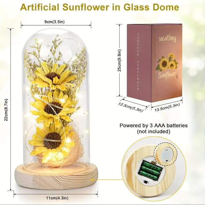 Sunflower Gifts for Women, Artificial Sunflowers in Glass Dome with LED Strip, Sunflower Decor on Mother's Day, Valentine's Day,