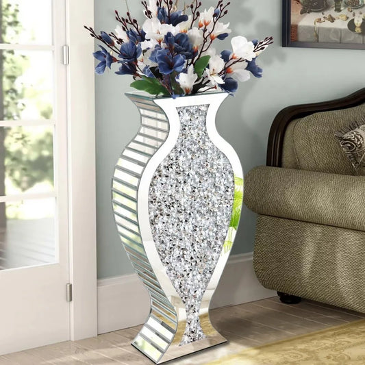 Tall Floor Vase S Crushed Diamond Mirrored Vase 27” Tall, Crystal Silver Glass Decorative Mirror Large Vase Luxury for Home Deco